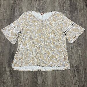 Beige Leaf-Print Short Sleeve Blouse with Lace Trim